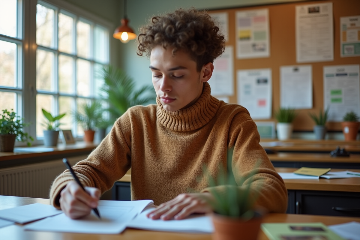 Jeune homme remplissant des papiers dans un bureau communautaire