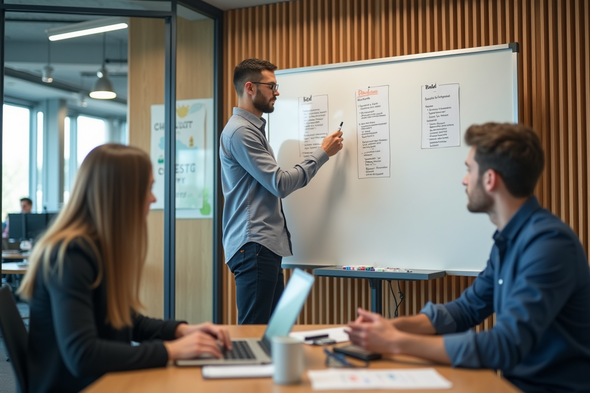 Jeune homme en groupe de travail écrit sur un tableau blanc