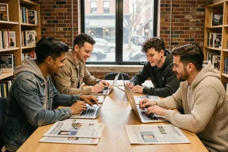Groupe de jeunes adultes discutant de médias et de militantisme autour d'une table avec journaux et ordinateurs portables