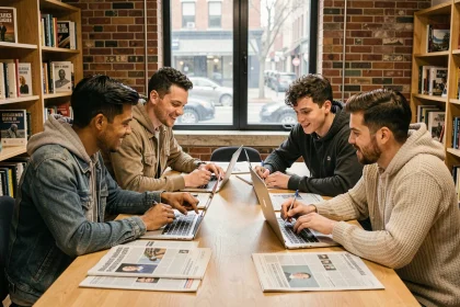 Groupe de jeunes adultes discutant de médias et de militantisme autour d'une table avec journaux et ordinateurs portables