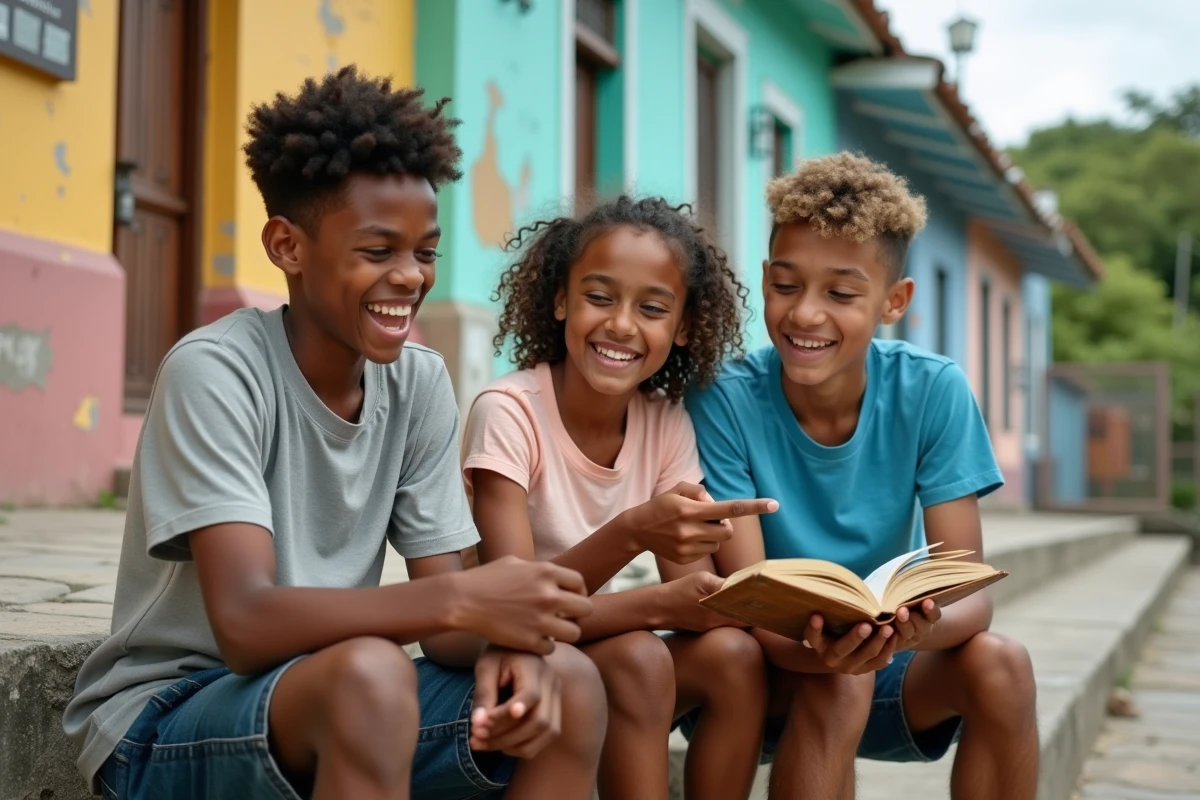 Groupe d'adolescents antillais découvrant ensemble un livre sur les expressions créoles devant un centre communautaire coloré