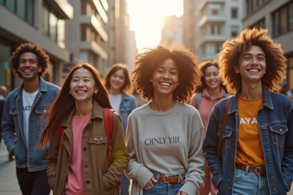Groupe de jeunes souriants dans la rue urbaine en mode