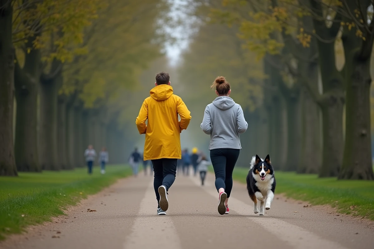 Deux amis faisant un jogging avec leur border collie dans le parc de la Citadelle à Lille