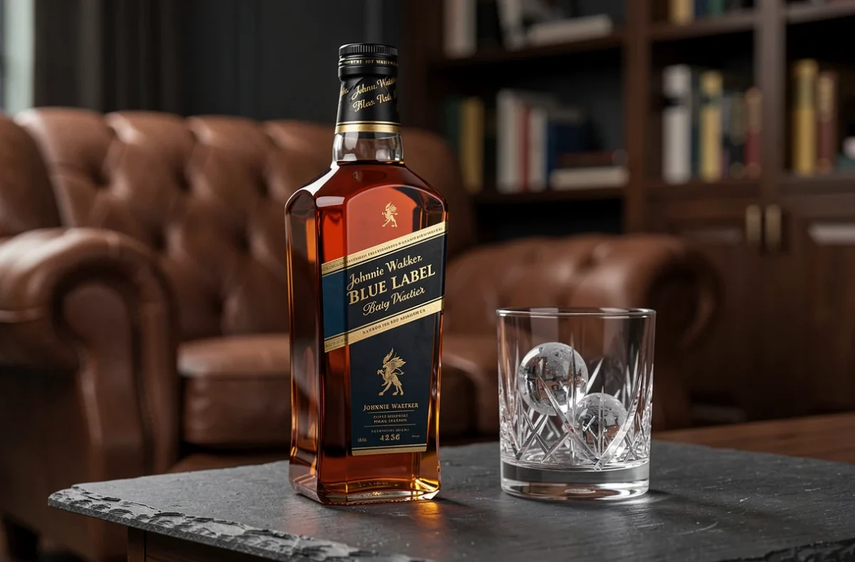 Bouteille de Johnnie Walker Blue Label posée sur une ardoise avec un verre en cristal, édition prestige de luxe