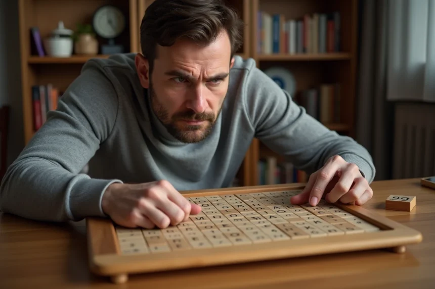 Joueur de Scrabble concentré penché sur un plateau de jeu avec des lettres en bois dans un salon cozy