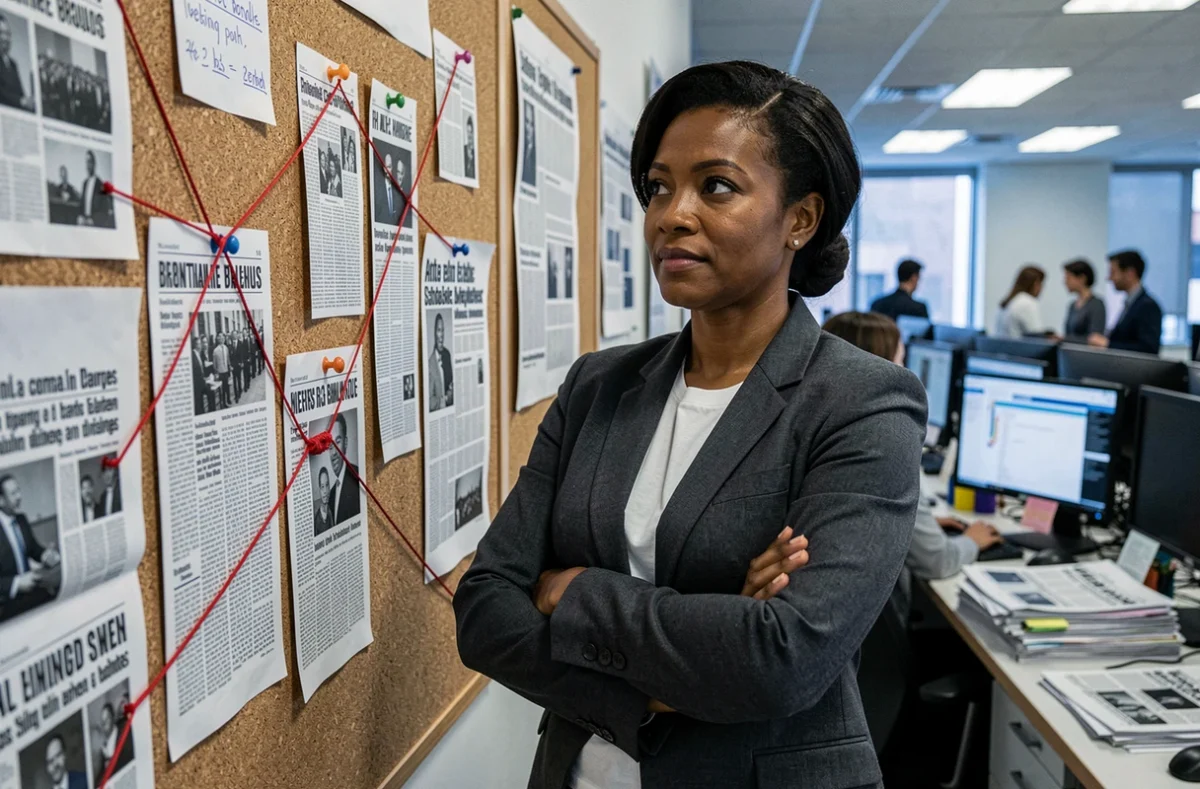Femme journaliste analysant des coupures de presse et des articles sur un tableau d'investigation dans une salle de rédaction