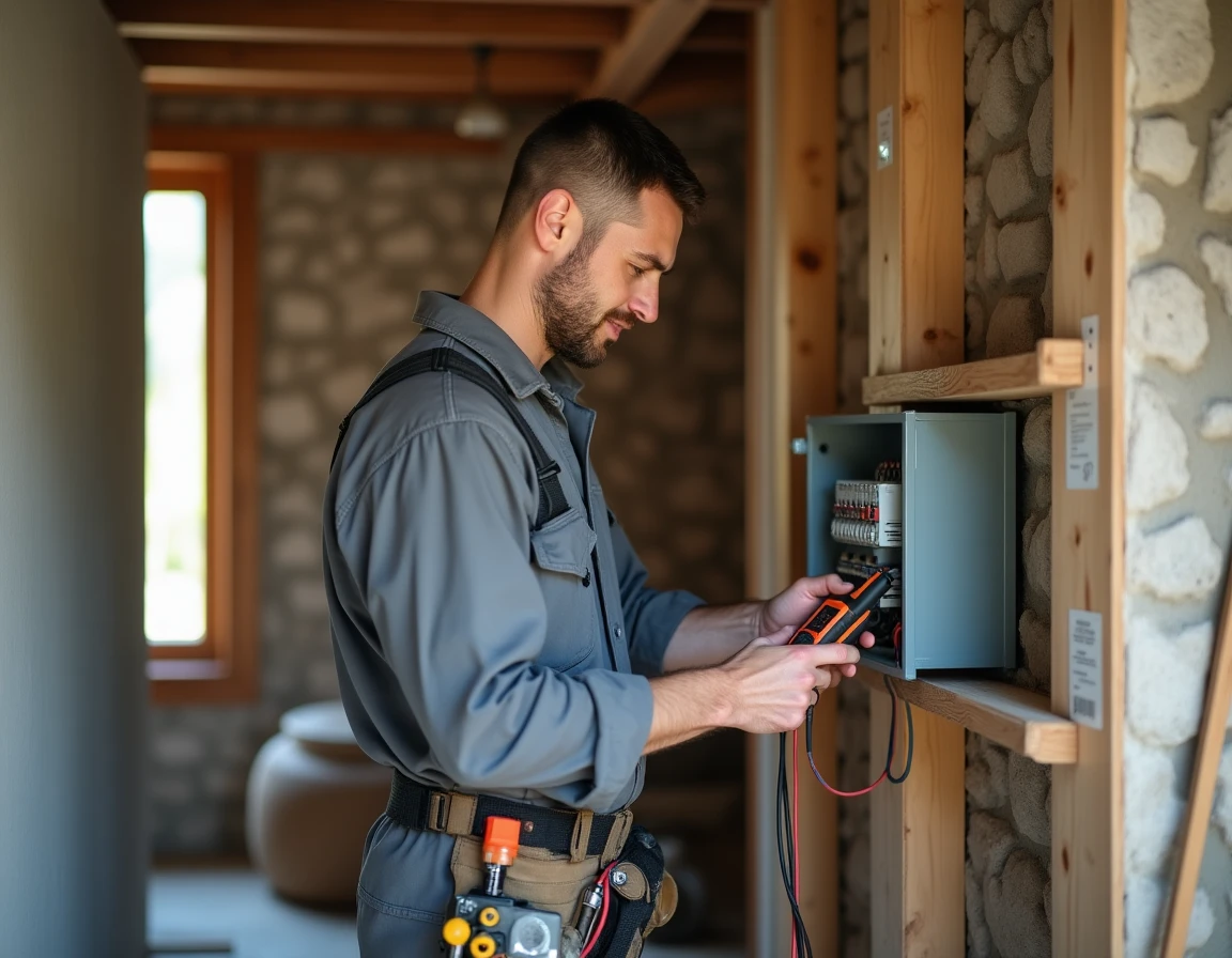 Électricien polyvalent inspectant un tableau électrique dans une maison en rénovation avec poutres apparentes en Haute-Savoie