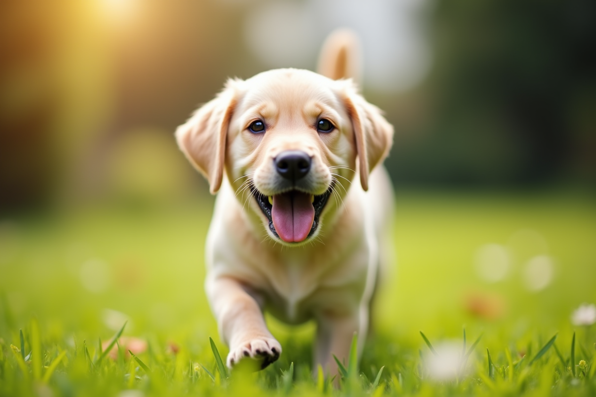 Jeune labrador joueur dans un jardin ensoleille