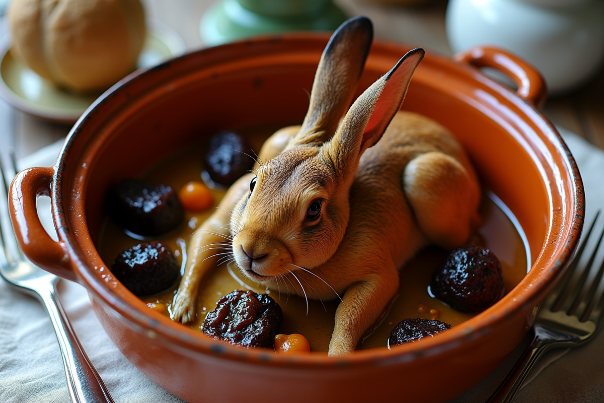 Gros plan du lapin aux prunes dans une assiette en terre cuite