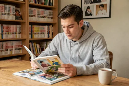 Jeune homme lisant un manhwa coréen à son bureau en bois avec des étagères de mangas en arrière-plan