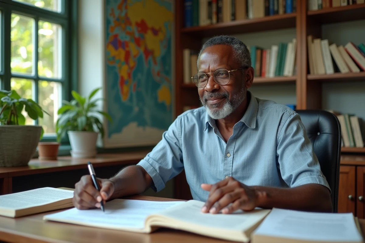 Chercheur linguiste martiniquais étudiant le vocabulaire créole dans son bureau universitaire entouré de dictionnaires et de notes