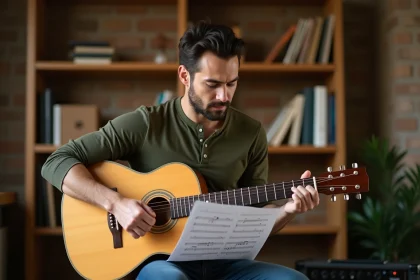 Homme adulte lisant une tablature de guitare acoustique D7 dans un coin musique chaleureux à la maison