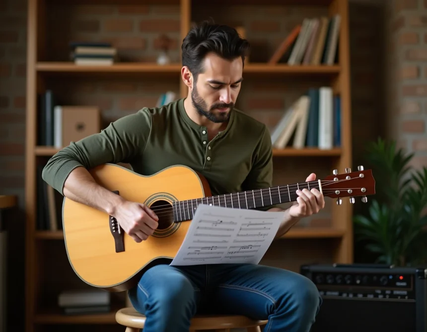 Homme adulte lisant une tablature de guitare acoustique D7 dans un coin musique chaleureux à la maison