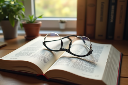 Livre de droit français ouvert sur un bureau ensoleille