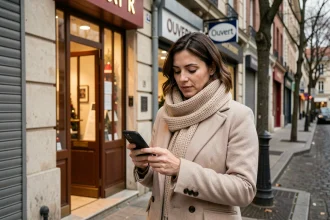 Femme consultant son smartphone devant un magasin ouvert le 1er janvier en centre-ville français