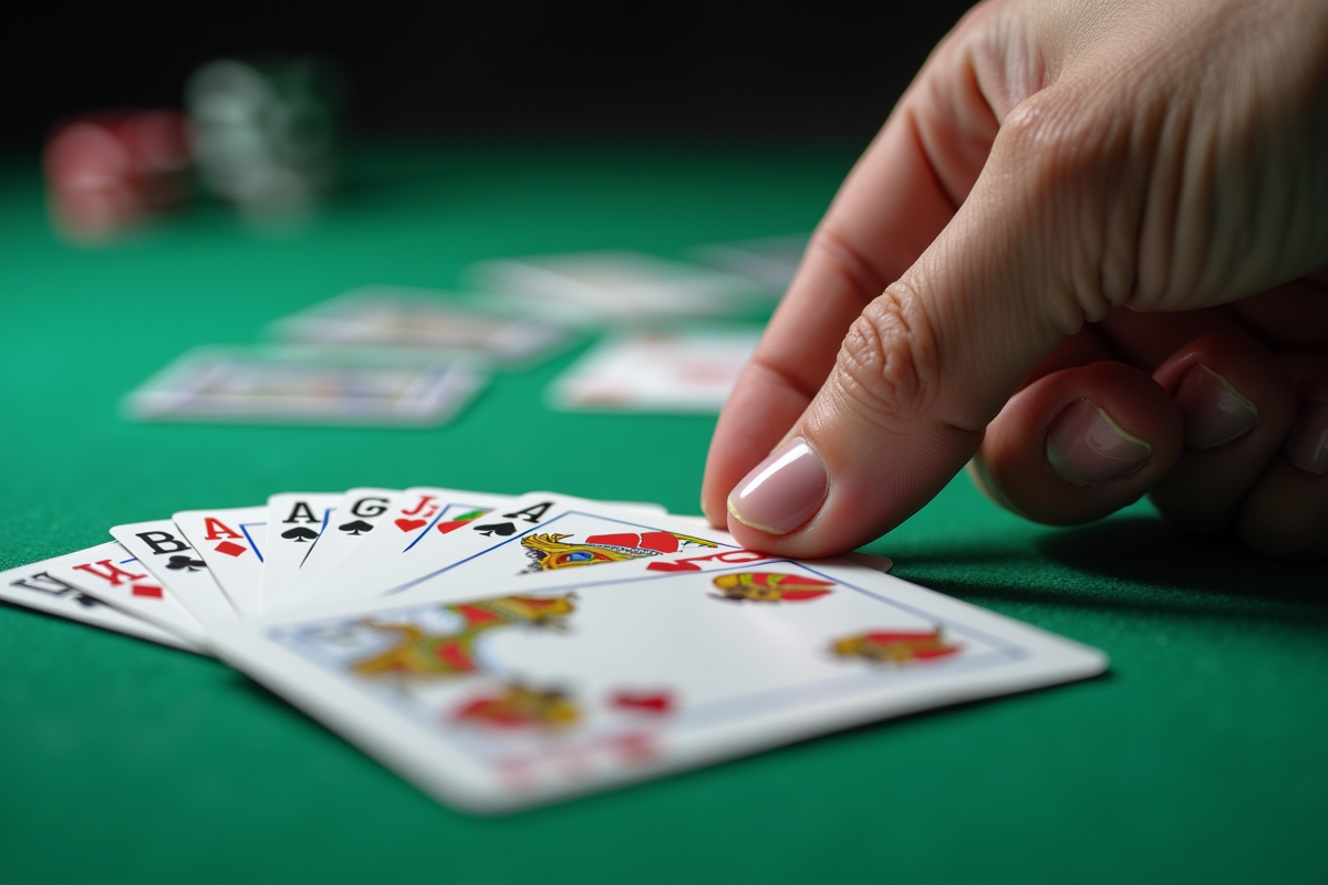 Main posant une carte sur un tapis vert de jeu de cartes