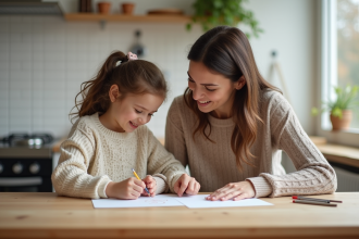 Maman et sa fille dessinant ensemble à la cuisine