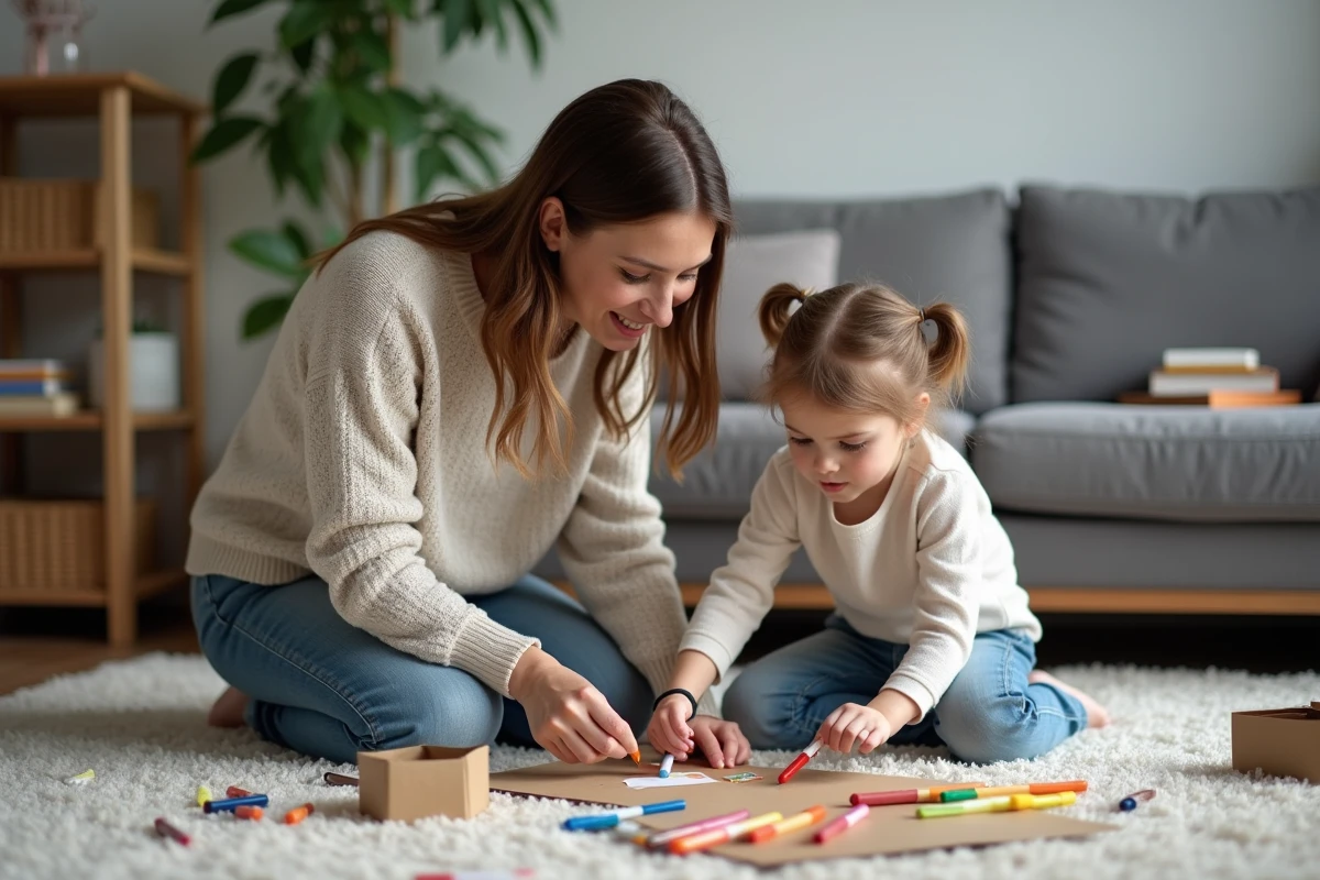 Fille et mère créant un jeu de différences ensemble