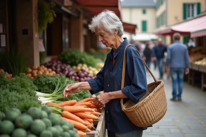 Femme bretonne choisissant des légumes frais sur un étal du marché de Plouguerneau