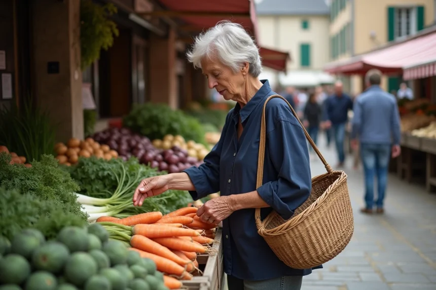 Femme bretonne choisissant des légumes frais sur un étal du marché de Plouguerneau