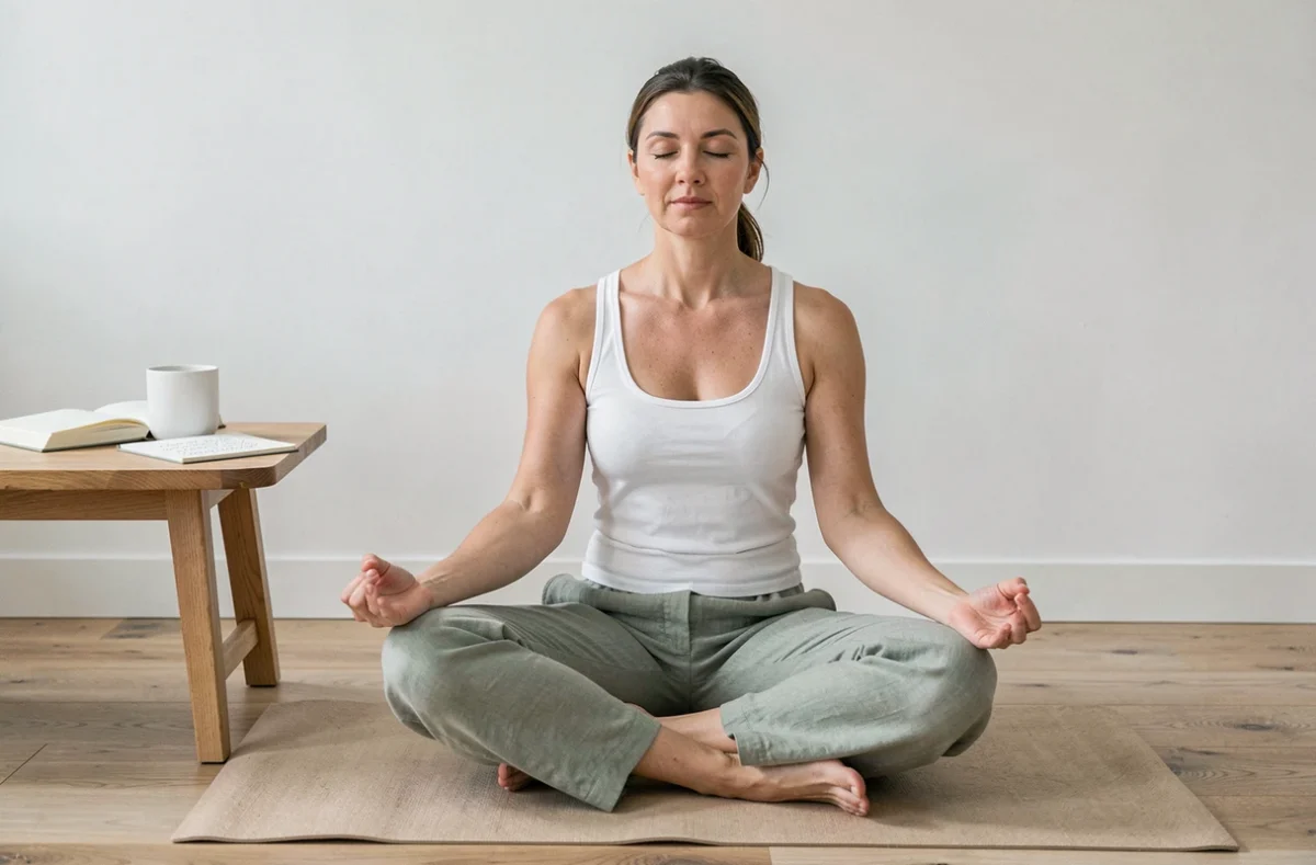 Femme en méditation sur un tapis de yoga dans un salon épuré symbolisant la connexion aux anges gardiens