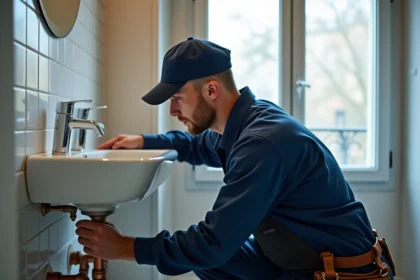 Plombier professionnel au travail dans une salle de bain moderne à Saint-Maur-des-Fossés