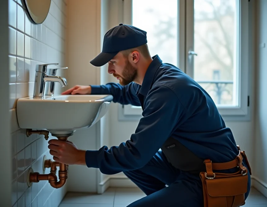 Plombier professionnel au travail dans une salle de bain moderne à Saint-Maur-des-Fossés