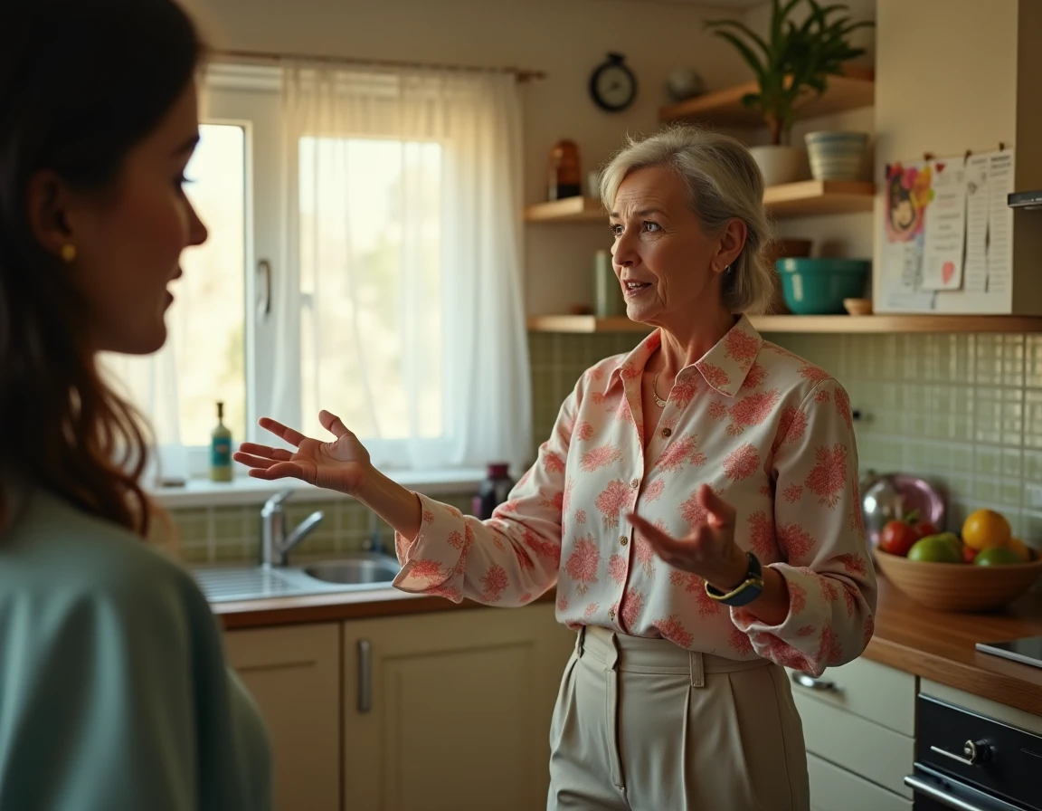Mère expressive donnant des conseils à son enfant dans une cuisine familiale, évoquant la relation mère-fille au cœur des paroles de Elle me dit de Mika