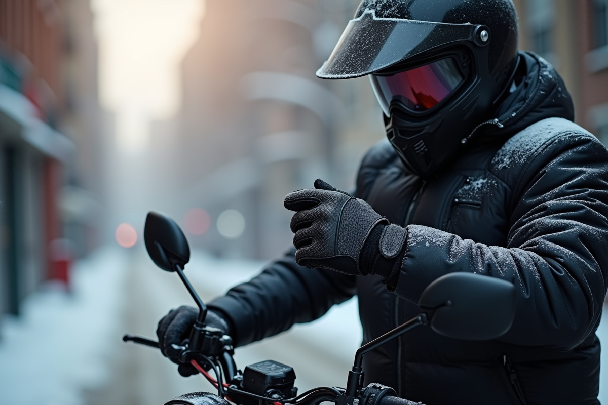 Motard avec gants hiver en ville enneigee