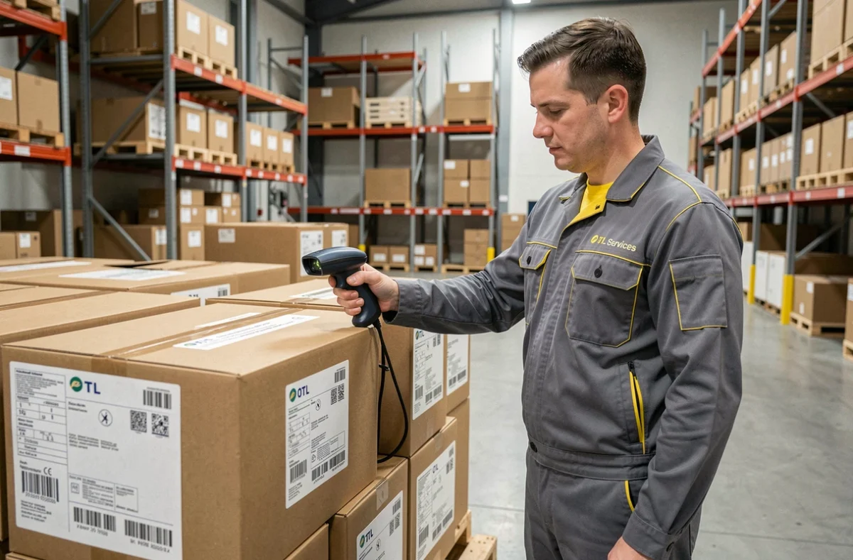 Agent OTL Services scannant des cartons dans un entrepôt logistique à Metz