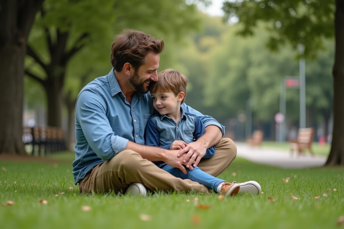 Père et son fils partageant un moment dans un parc