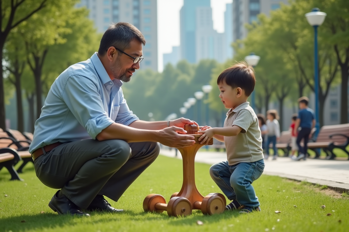Père passant un jouet en bois à son fils dans un parc urbain animé