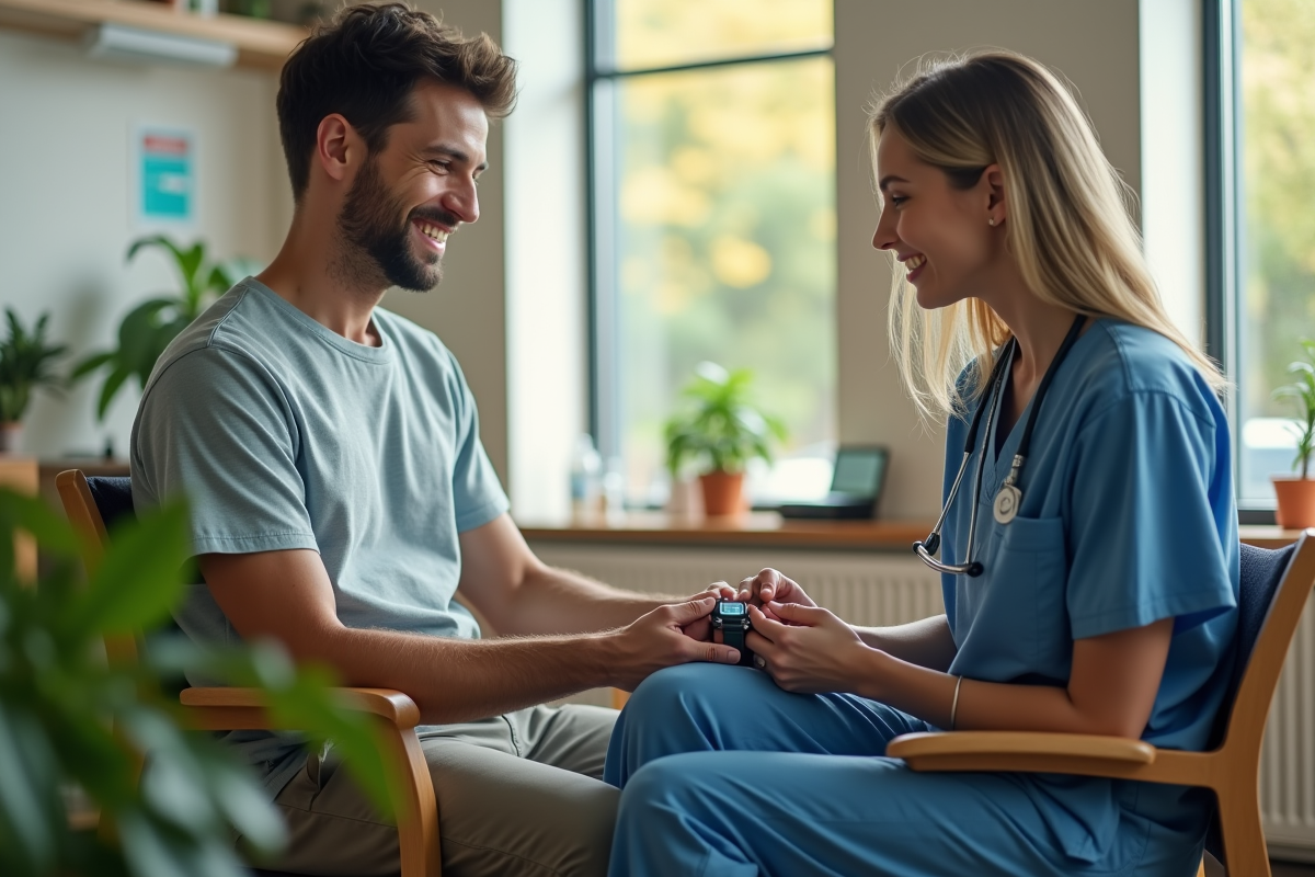 Jeune patient avec un dispositif médical porté par une infirmiere