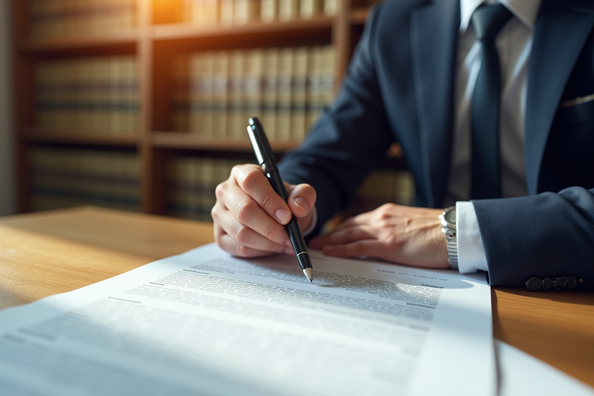 Personne en costume étudiant des documents juridiques au bureau