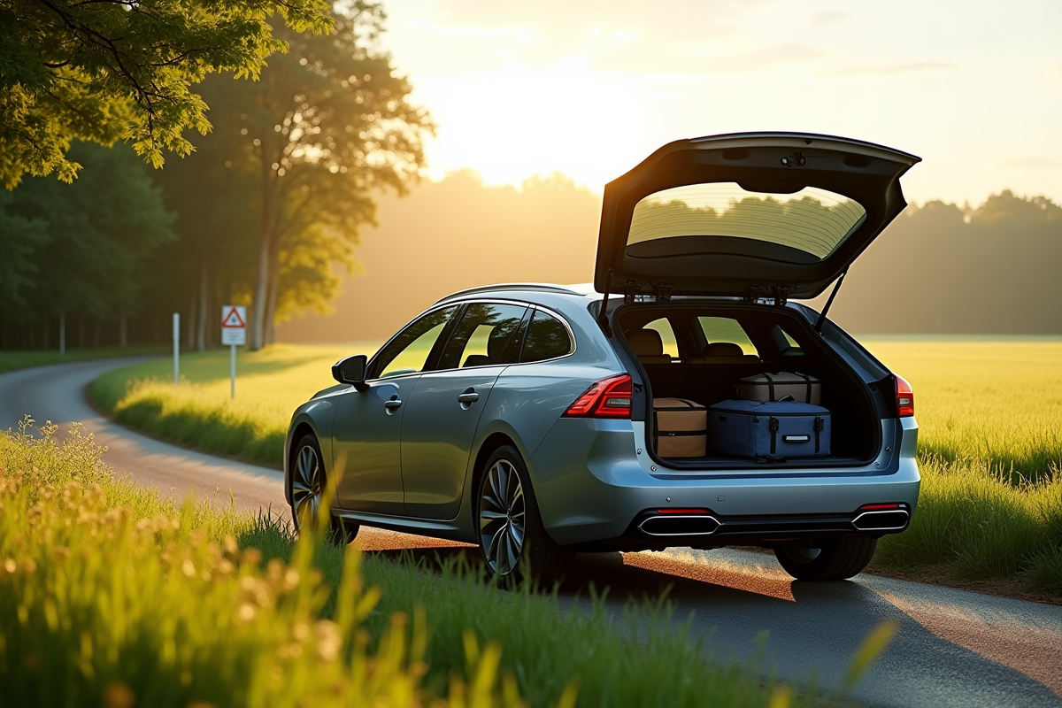 Voiture Peugeot 508 SW garée dans la campagne au matin