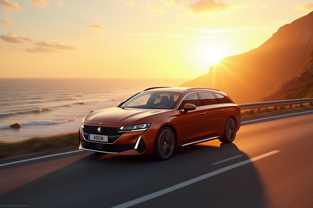 Peugeot 508 SW moderne sur une route côtière au coucher du soleil