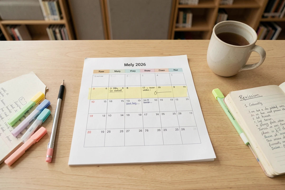 Vue de dessus d'un planning mensuel étudiant 2026 imprimé entouré de surligneurs pastel, d'un carnet de révisions et d'une tasse sur un bureau en bois
