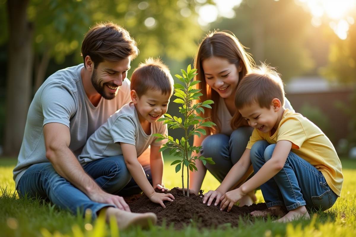 Famille plantant un jeune arbre dans le jardin en après-midi ensoleille