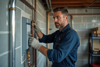 Plombier homme en overalls serrant un raccord d'eau chaude