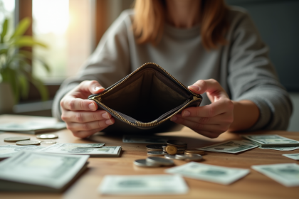 Personne tenant un porte-monnaie vide à la maison