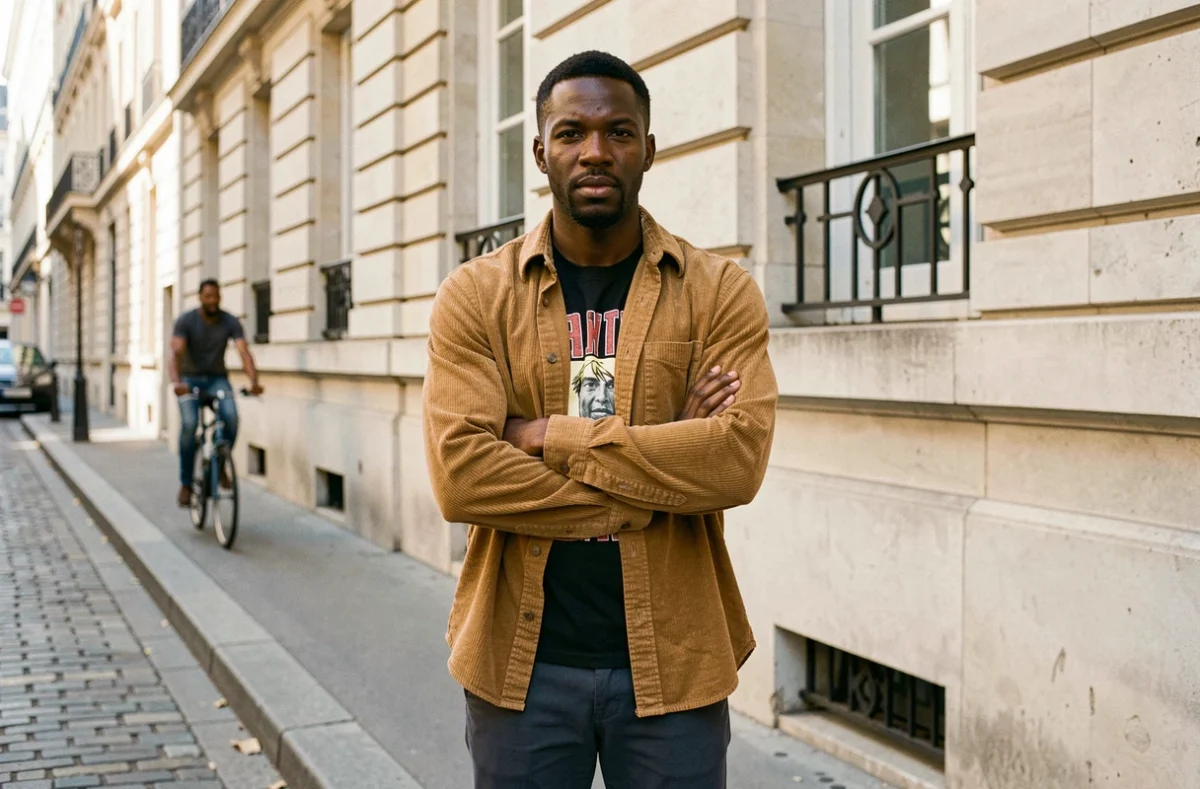 Portrait en extérieur d'un humoriste noir confiant dans une rue parisienne avec architecture haussmannienne en arrière-plan