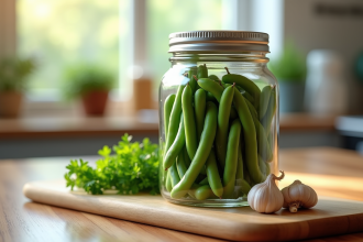 Pot de haricots verts frais sur plan de travail en bois