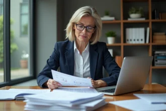Directrice d'ESSMS préparant une évaluation qualité en consultant des dossiers organisés dans un bureau administratif moderne