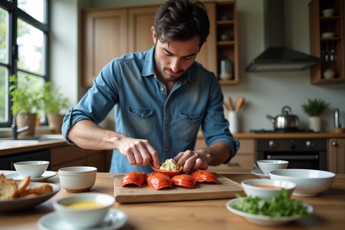 Jeune homme servant homard sur une table rustique