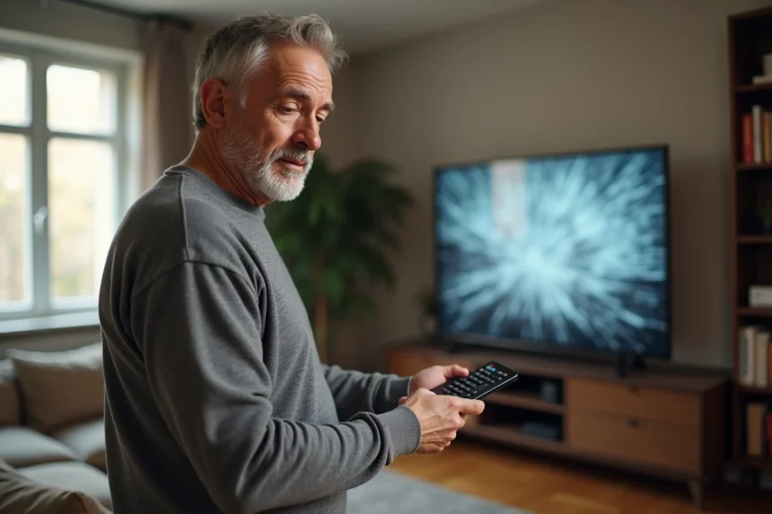 Homme regardant sa télévision avec des problèmes de réception TNT dans son salon
