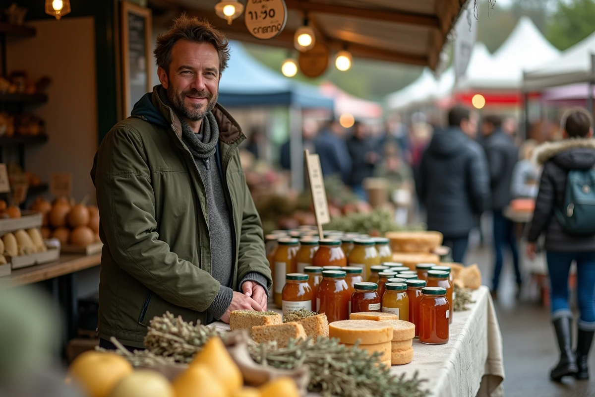 Producteur local présentant ses produits artisanaux sur le marché de Plouguerneau