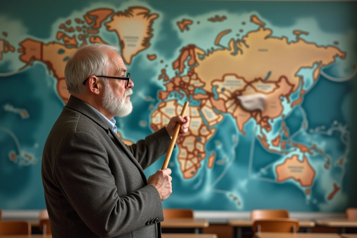 Professeur de géographie désignant la Russie sur une carte politique mondiale dans une salle de cours universitaire