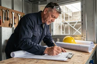 Professionnel du bâtiment consultant un devis avec des plans de travaux sur un chantier, effectuant des calculs de conversion mètre cube en litre