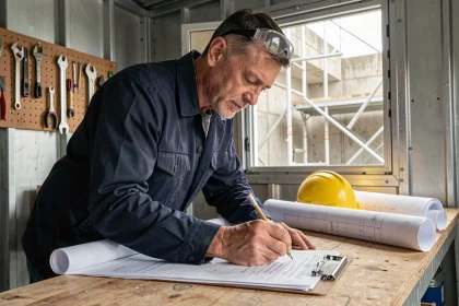 Professionnel du bâtiment consultant un devis avec des plans de travaux sur un chantier, effectuant des calculs de conversion mètre cube en litre