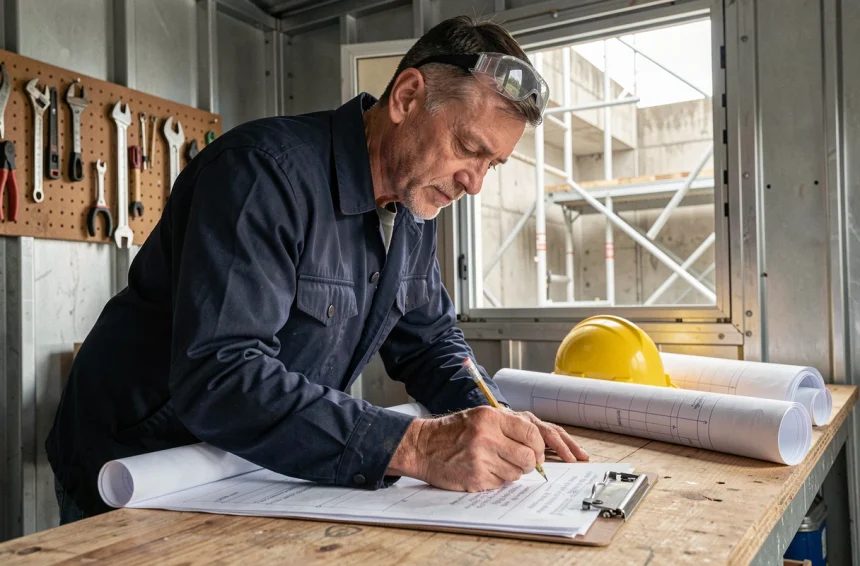 Professionnel du bâtiment consultant un devis avec des plans de travaux sur un chantier, effectuant des calculs de conversion mètre cube en litre